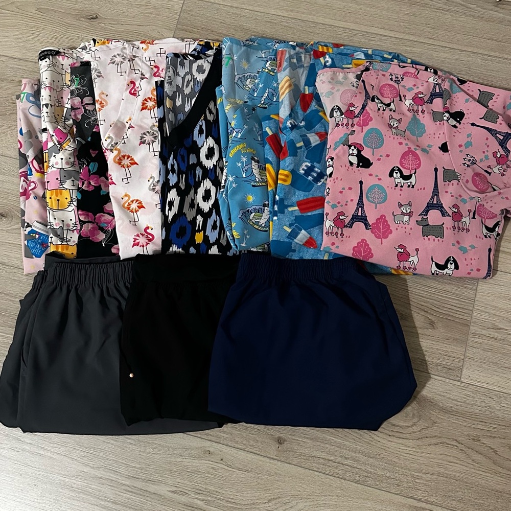 Colorful Patterned Scrub Tops and Black Scrub Pants